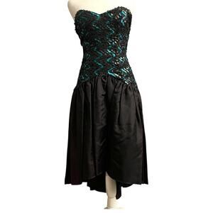 Vintage Gunne Sax Prom Dress Black Strapless Sequin Size 4 Bow High Low Gown